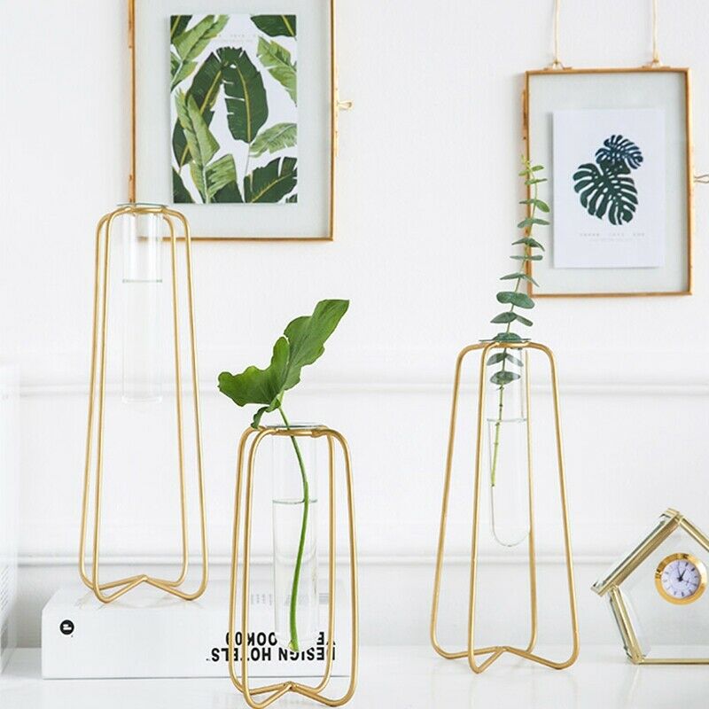 1 Piece Vase For Decoration Tube Vase Metal Stand Glass Tube Bottle For Pla V2B8