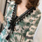 Women Plus Size Floral Print Chiffon Loose V-Neck Sleeve Top (Green) (XL)