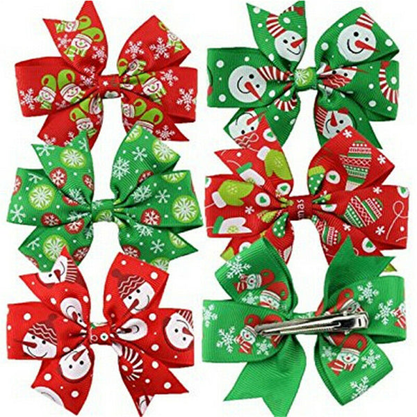 6Pcs Girl Christmas Holiday Gift Snowflake Ribbon Hair Bows Clip Girl Hairpin Gw