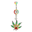 Jamaican Pot Leaf Dangle Crystal Navel Belly Ring Bar J6T5