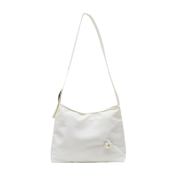 Women Simple Underarm Handbag Daisy Flower Portable Shoulder Bags (White)
