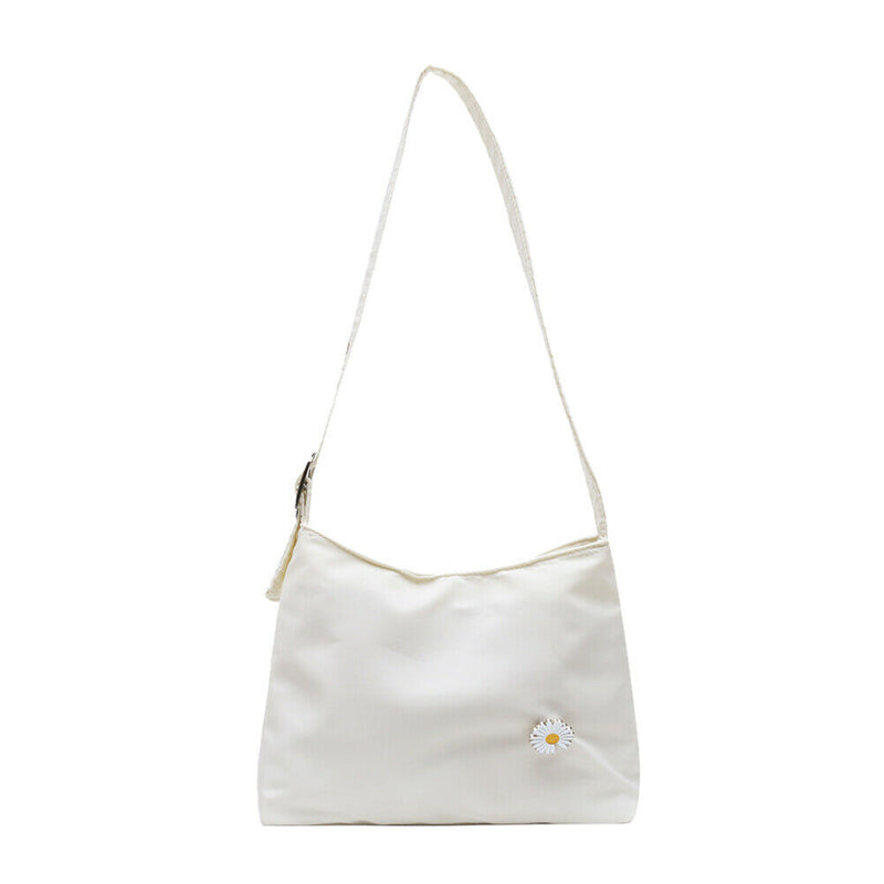 Women Simple Underarm Handbag Daisy Flower Portable Shoulder Bags (White)