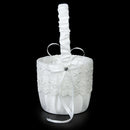 White Satin Lace Embellished Wedding Flower Girl Basket w/ Rhinestone Love Heart