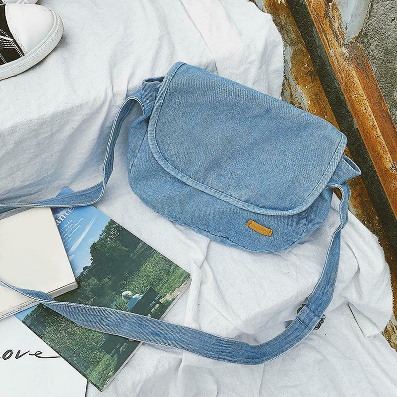 Women Canvas Denim Crossbody Bags Pure Color Flap Shoulder Bag (Light Blue)