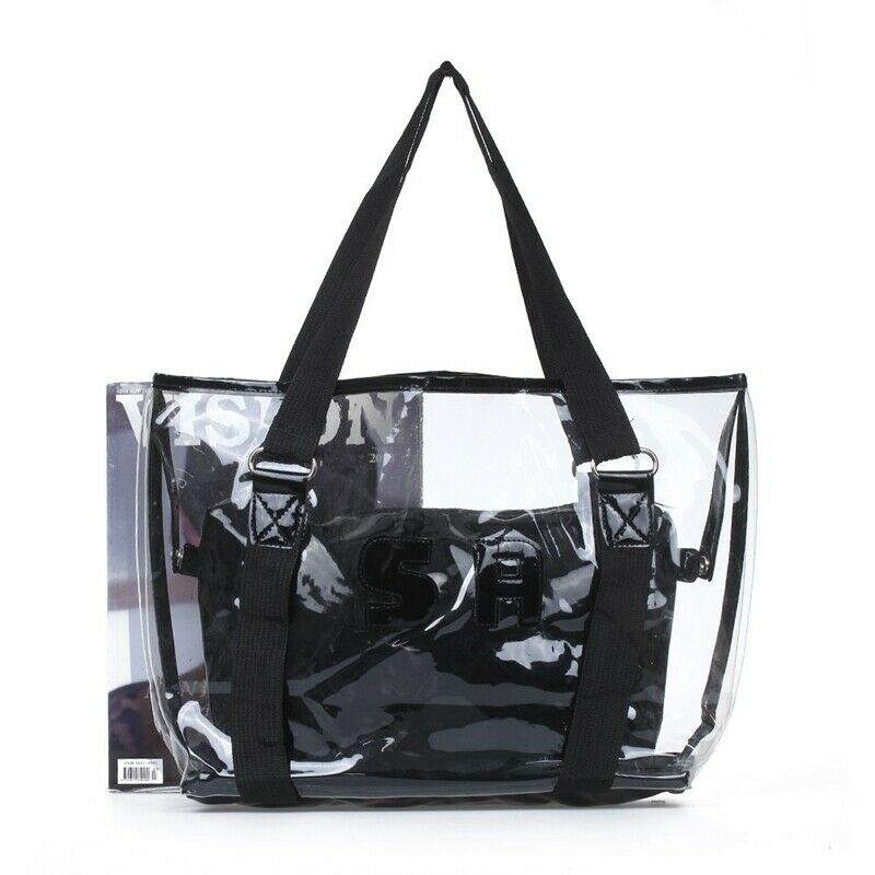 Set 2PCS Women's Handbag Tote Shoulder Bag Transparent PVC Black Fashion H7B4