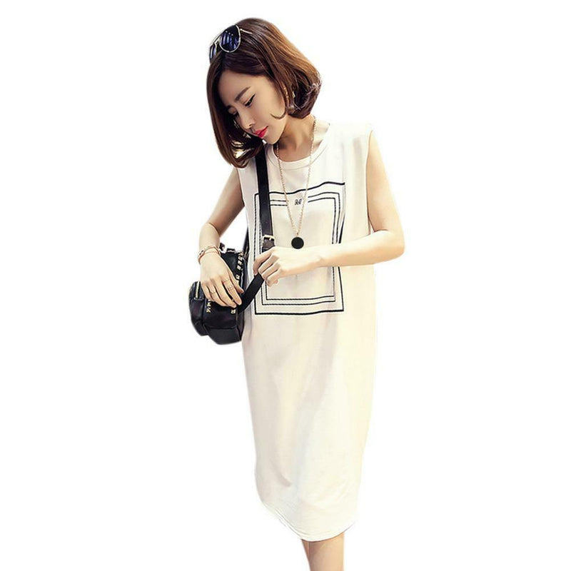 Fashion Printing Sleeveless Dress Women Loose Round Neck Dresses (White M)