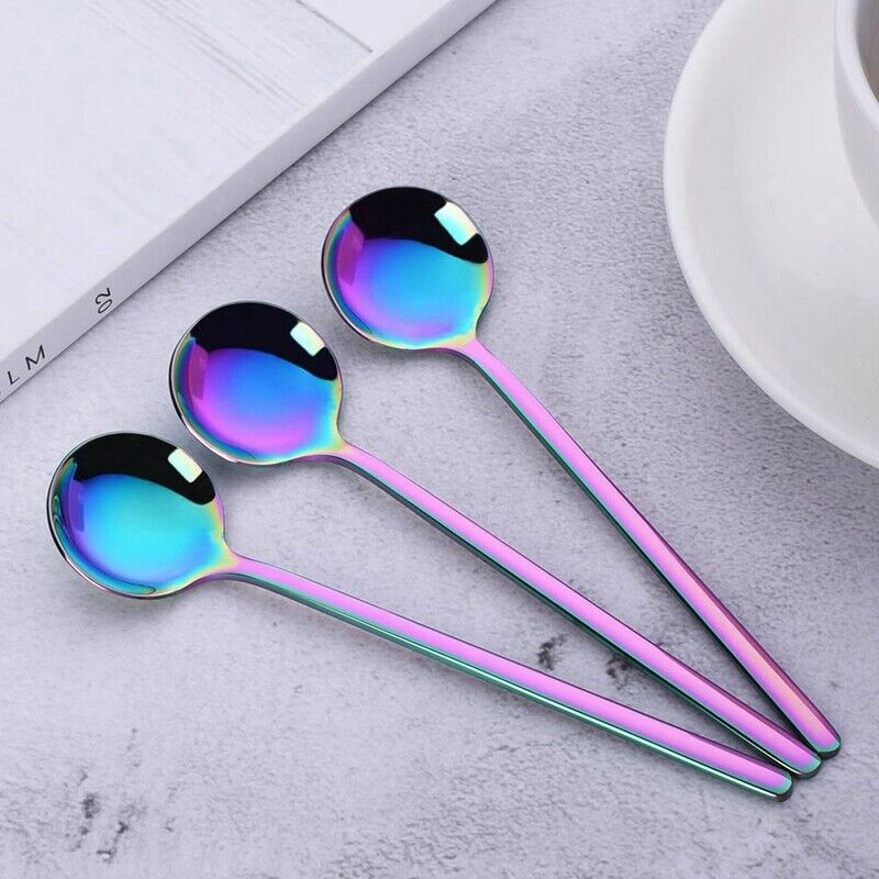1 Set 8 Pcs Cute Small Coffee Spoons Stainless Steel Rainbow Demitasse Spoo V9K5