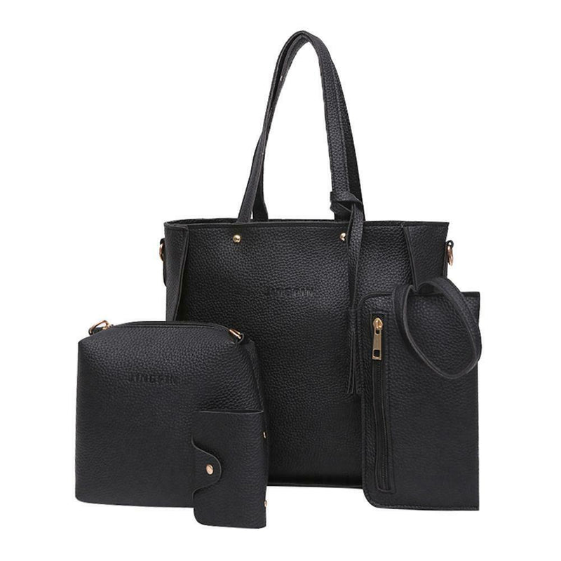 4pcs/set Litchi Leather Tassel Women Tote Shoulder Handbag Card Bags (Black