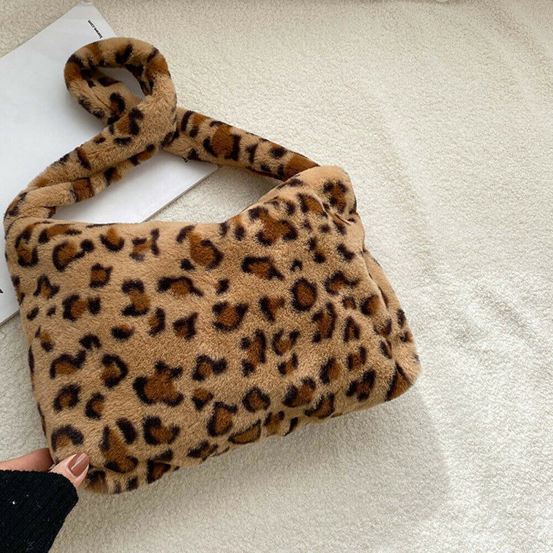 Animal Pattern Shoulder Underarm Bag Women Plush Top-handle Handbag (4)