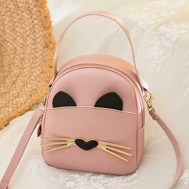 Women PU Leather Crossbody Messenger Bag Cute Cat Shoulder Backpack (Pink)