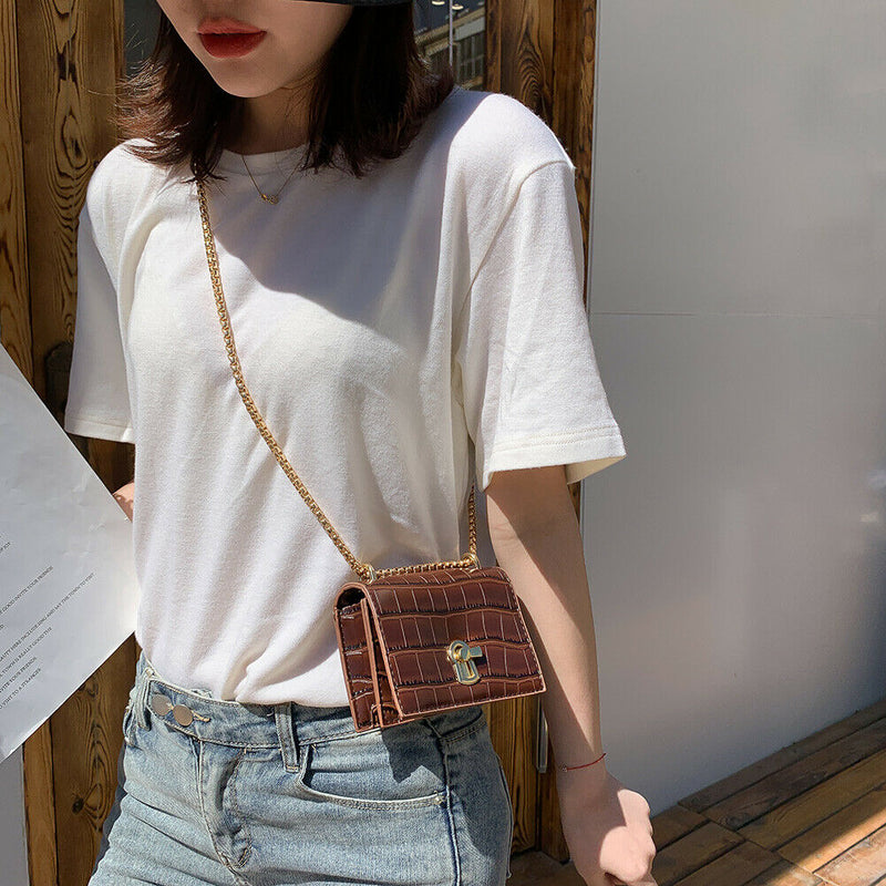 Elegant Women Pure Mini Shoulder Bags Leather Chain Messenger Bag (Brown)