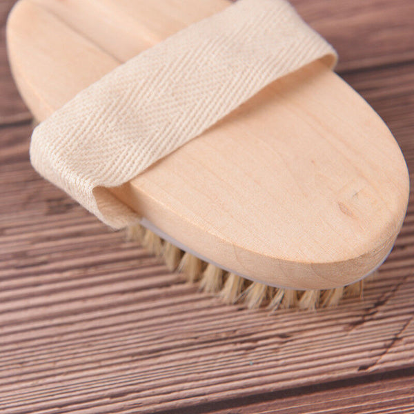 Bath body brush boar bristles exfoliating body massager with long wooden hanJ 3C