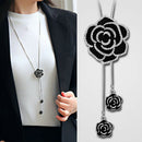 Black Rose Flower Long Necklace Sweater Chain Crystal Pendant Women Jewelry Gift