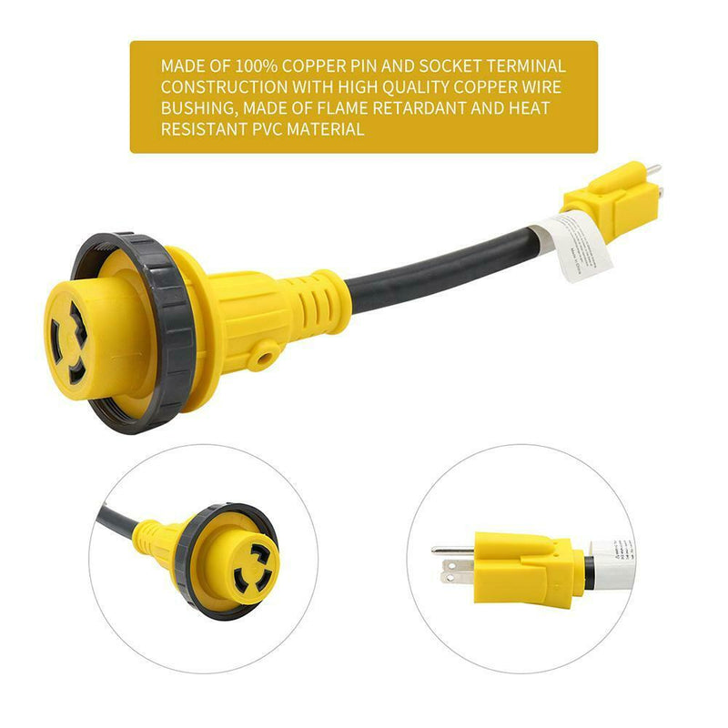 12in 15 Amp Male to 30 Amp Female Dogbone Adapter RV Electrical Converter Cable