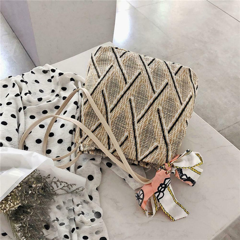 Silk Decor Shoulder Handbags Straw Women Top-handle Shopping Totes (Beige) A