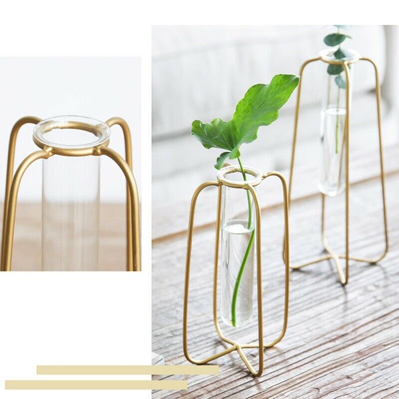 1 Piece Vase For Decoration Tube Vase Metal Stand Glass Tube Bottle For Pla V2B8