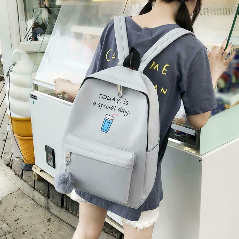 4pcs/Set Women Canvas Backpack Teenage Girls Shoulder School Bag (Gray)