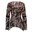 Sexy V-Neck Leopard Print Long Sleeve Women Daily Tops Blouse (Black M)