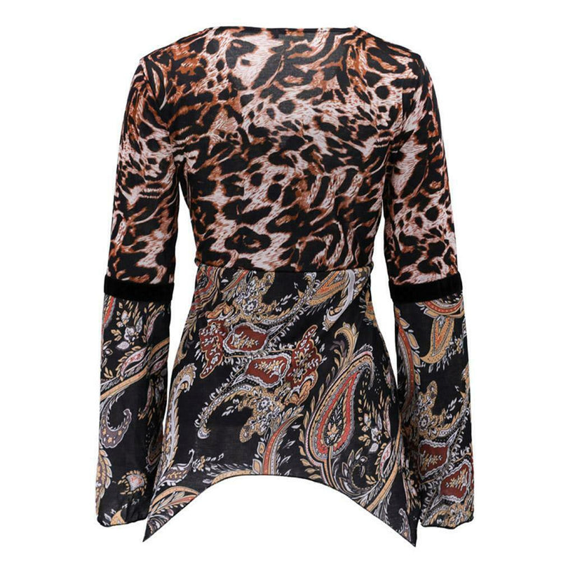 Sexy V-Neck Leopard Print Long Sleeve Women Daily Tops Blouse (Black M)