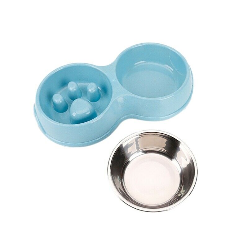Dog Double Bowl Wheat Straw Stainless Steel Slow Food Pet Bowls Feeding and