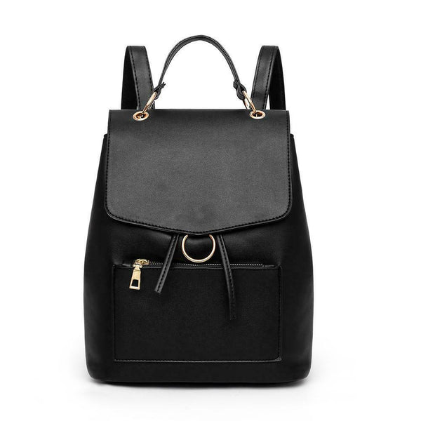 Leather Women Casual School Bags Shoulder Handbag Travel Backpacks (Black)