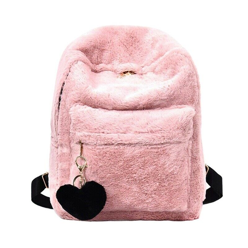 Women Soft Faux Fur Plush Backpack Shoulder Bag Fluffy School Bag with Hear N8C9