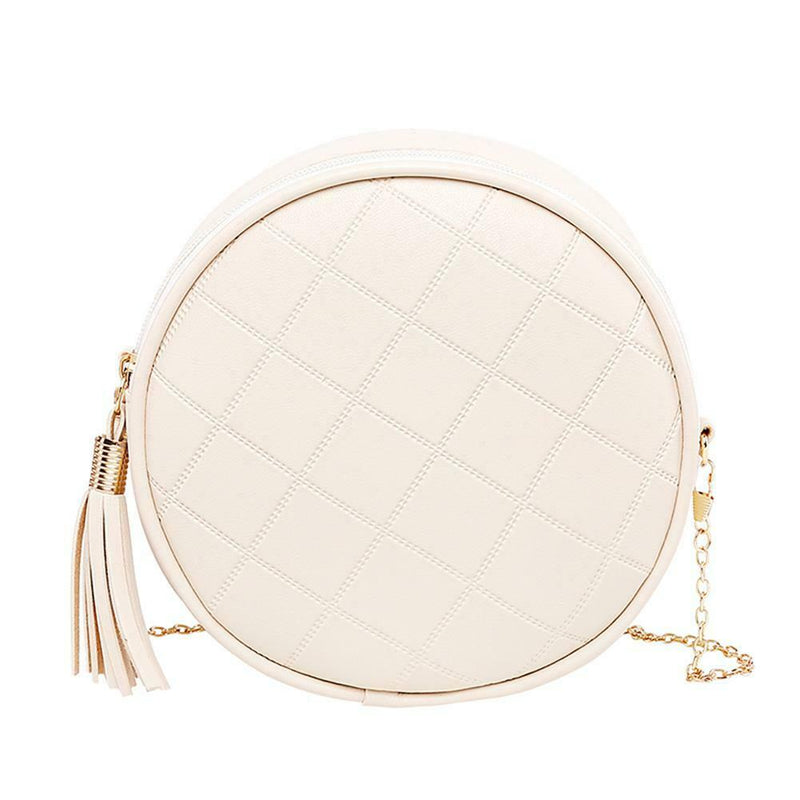 Pure Color Plaid Shoulder Handbags Women Round Tassel Crossbody Bag (Beige) A