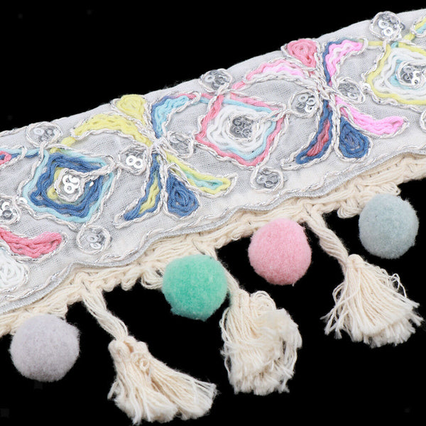 1 Yard Sequins Jacquard Ribbon Trim with Pom Poms Tassel Crafts Supplies