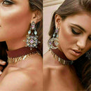Women Stylish Moon Star Crystal Rhinestone Long Dangle Earrings Ear Stud Jewelry