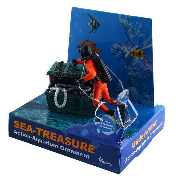 Frogman Diver Treasure Chest Shaped Action Air Ornament Fish Tank Aquarium HUI