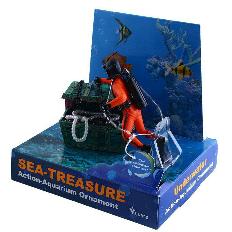 Frogman Diver Treasure Chest Shaped Action Air Ornament Fish Tank Aquarium HUI