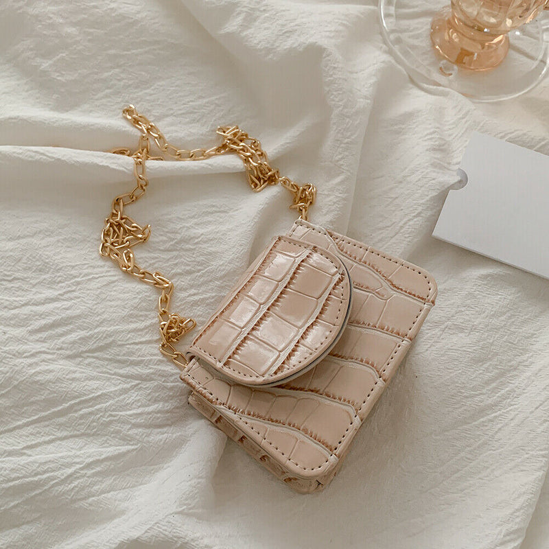 Pure Color Leather Mini Shoulder Bags Women Chain Messenger Bags (Beige)