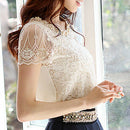Summer Women Chiffon Shirt Lace Tops Beading Embroidery O-Neck Tops Blouse