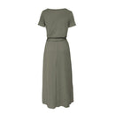 Short Sleeve Women Dress V-neck Binding Women Maxi Dresses (Army Green M)