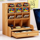 Wood Color Multi-Function Wood 13 Grids Desktop Stand Holder Cosmetic Brush