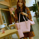 4pcs/set Solid Color Litchi Pattern Women Shoulder Handbags Clutch (Pink)