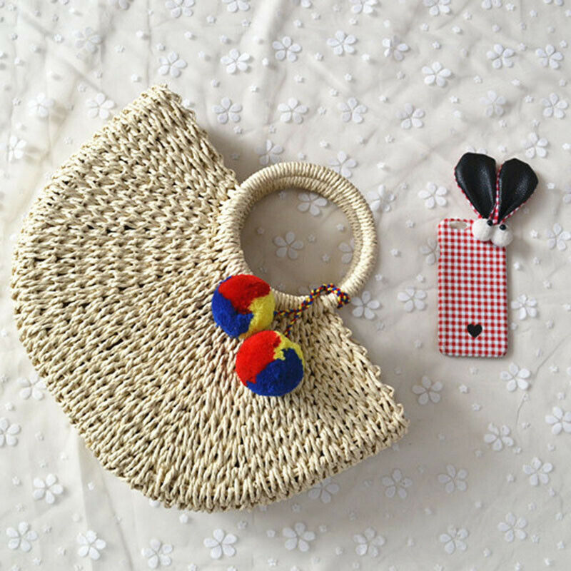 Summer Handmade Bags Women Pompon Beach Weaving Ladies Straw Bag Wrapped Be U5L7