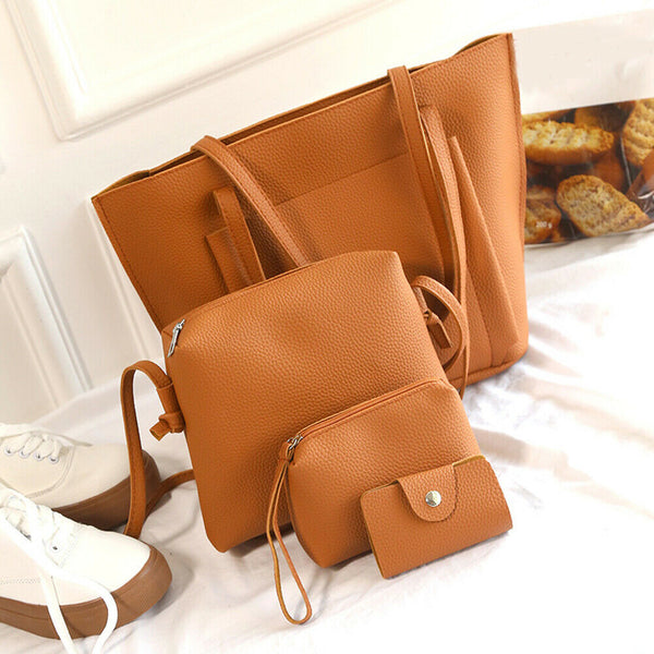 4pcs Women PU Leather Handbag Shoulder Bag Clutch Bag Card Holder(Brown)