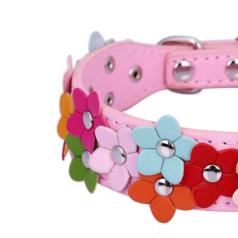 Soft Pu Leather Dog Collar Flower Padded(Pink, M) K9H1