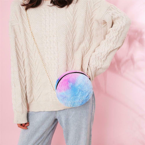 Small Round Messenger Bags Women Plush Shoulder Handbags (Gradient Blue) A#S