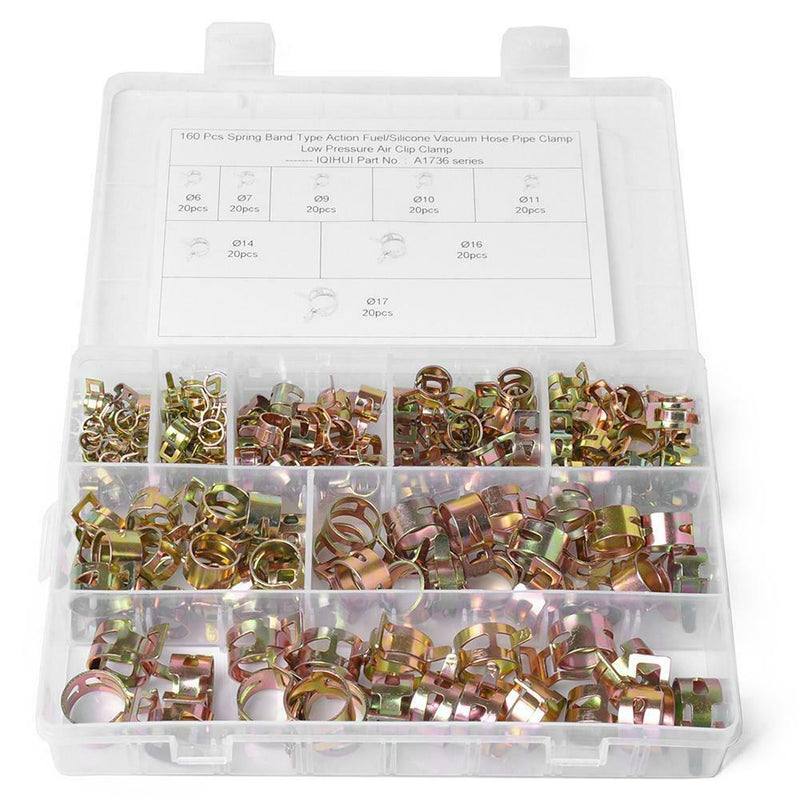 160pcs 6-17mm Spring Clips Vacuum Hose Fuel Line Water Pipe Air Tube Clamps