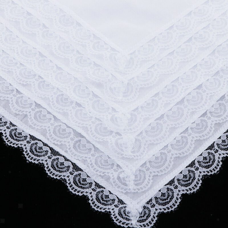 5pcs Lady Cotton Handkerchiefs Lace Trim White Hanky Kerchief  Square