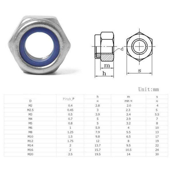 175pcs 304 Stainless Steel Hexagon Lock Nuts Nylon Insert Self Locking Nuts #JT1