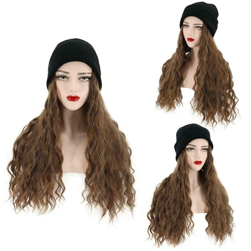 Women Synthetic Wig Beanie Wool Hat Fashion Wig Hair Extensions Brown Attached