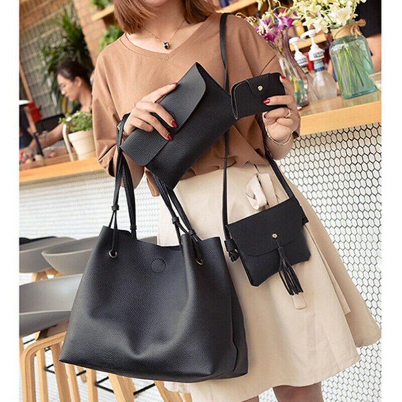 Women Handbags Purse Shoulder Bags Casual Tassel Tote 4Pcs Bags(Black) J1A6