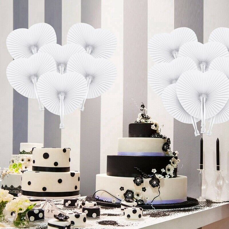 50Pcs Pocket Paper Fans Folding Handheld Fan Heart Shape For Wedding Party  V8P8