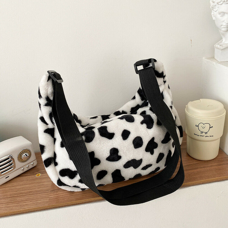 Women Plush Cow Printed Chest Bag Casual Street Crossbody Shoulder Pack (1)