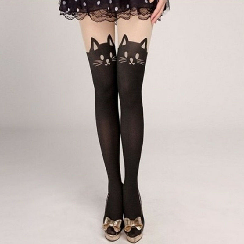 Women Sexy Cute Black Tattoo Long Socks Sheer Cartoon Cat Pantyhose Stockings Kw