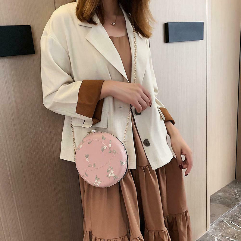 Round Chain Messenger Bag Flower Elegant Women Leather Shoulder Bag (Pink) A
