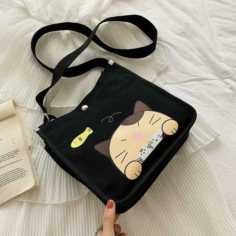 2pcs/set Women Canvas Cat Print Shoulder Crossbody Handbags Pen Bag (Black)